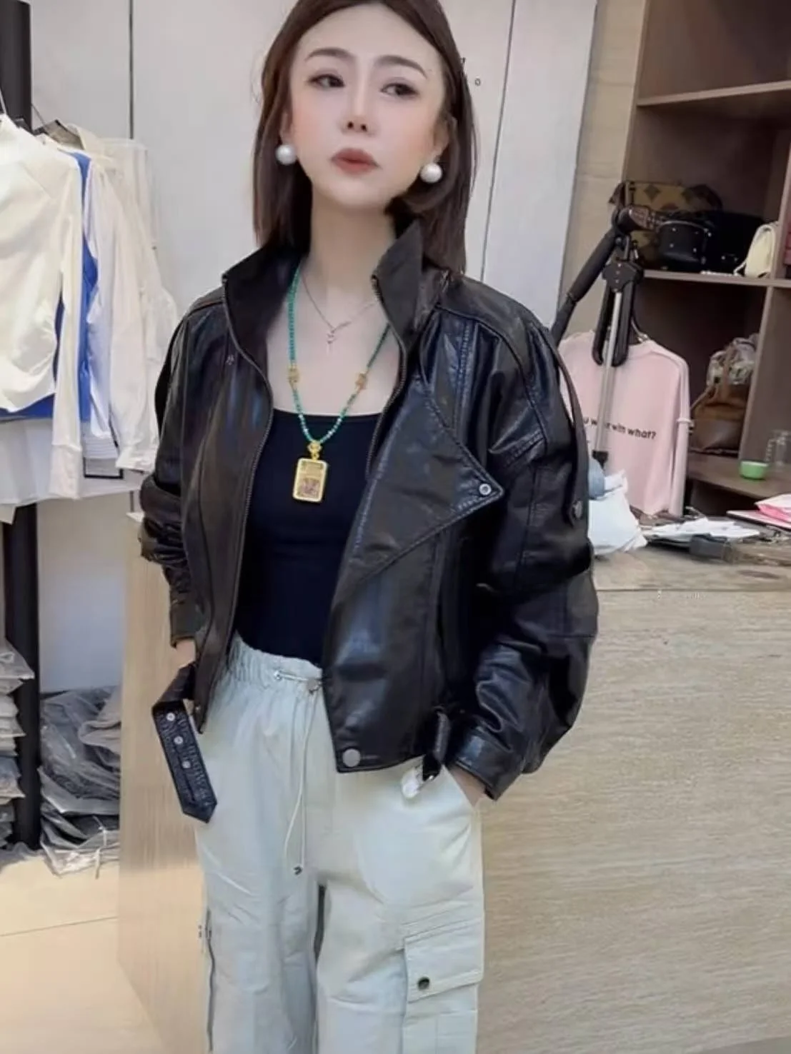 

Ning 2025 New Sle Women's Leather Jaet Genuine eepskin Long Sve Zipper Closure Luxury Feel Small Size Friendly