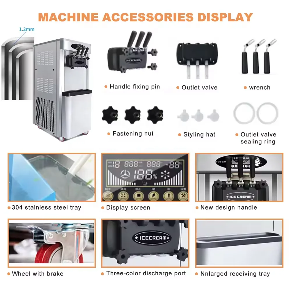 25-28L/H Commercial Durable 2+1 Flavors Soft Ice Cream Machine Floor Standing Ice Cream Machines