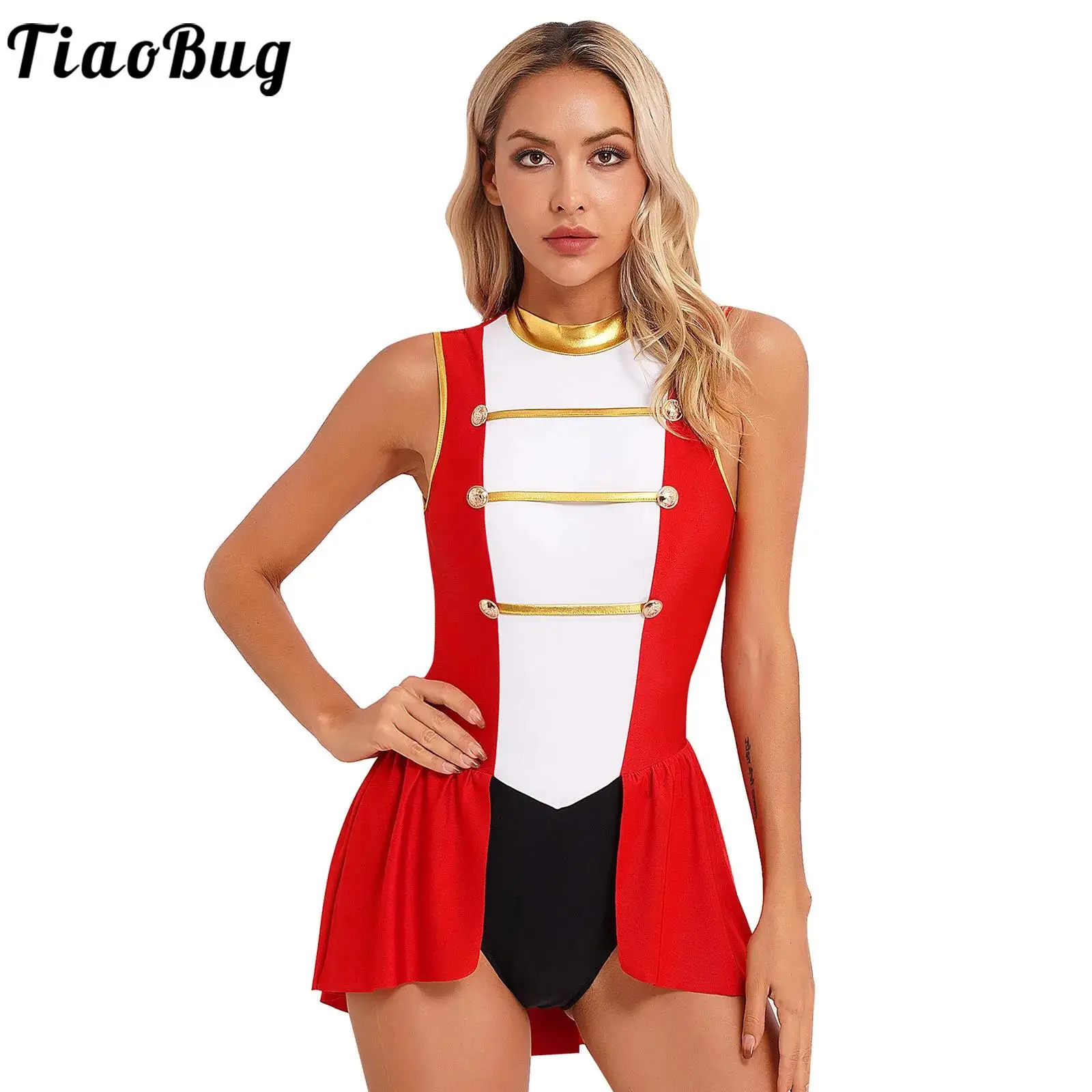 

Womens Circus Ringmaster Bodysuit Dress Cosplay Costume Halloween Party Showman Role Play Clothes Sleeveless Skirted Leotard