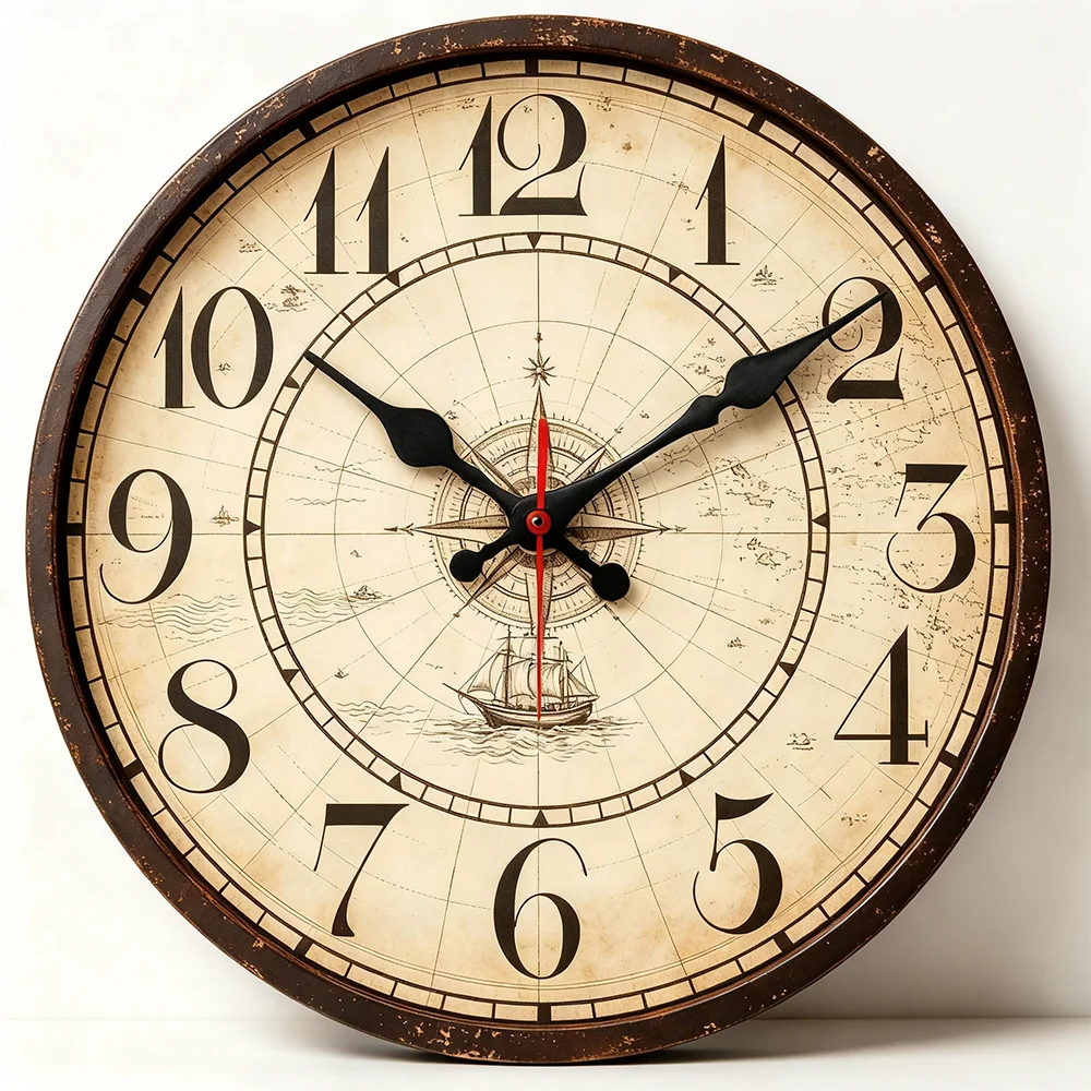 Vintage Nautical World Map Wall Clock Retro Sailboat Compass Pattern Round Wall Watch Silent Non Ticking Farmhouse Decor Clock for Home Bar Cafe