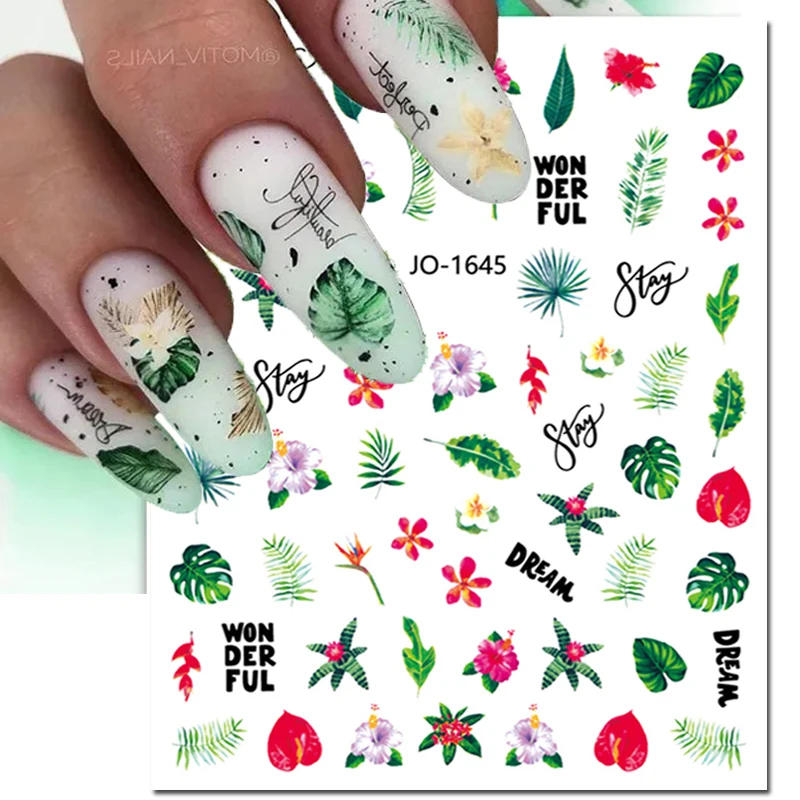 3d adesivos para nail art, tropical folhas verdes, flores, flamingo, sliders adesivos, decorações para nail art