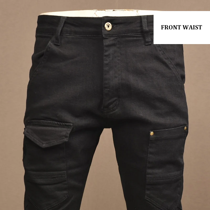 Celana Jeans pria mode jalan hitam melar Skinny Fit disambung desainer celana Jeans pengendara sepeda pria celana pensil Denim Hip Hop tambalan pria Hombre