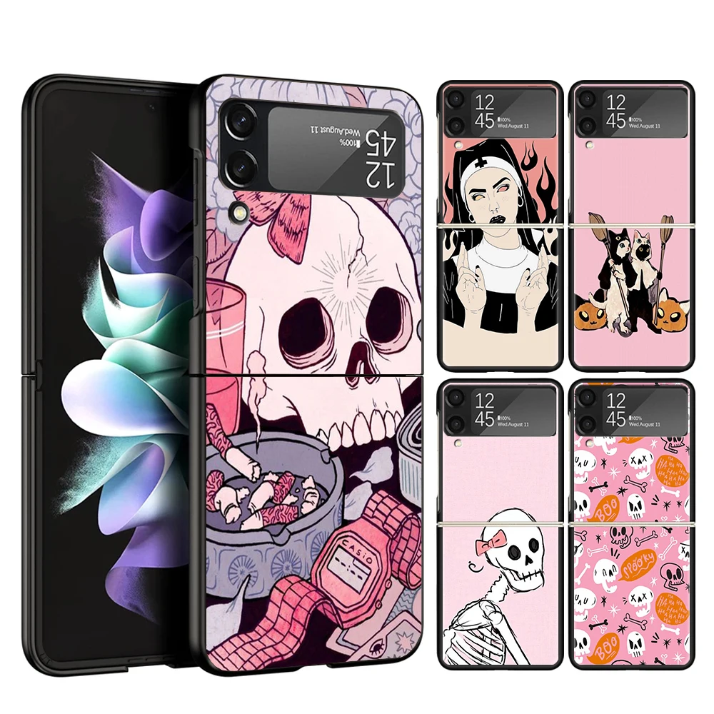 Pink Cat Skull Sorceress Witch Cover Phone Case For Samsung Galaxy Z Flip 6 5 4 3 5G Flip6 Flip5 Flip4 Flip3 Black Hard Fundas S