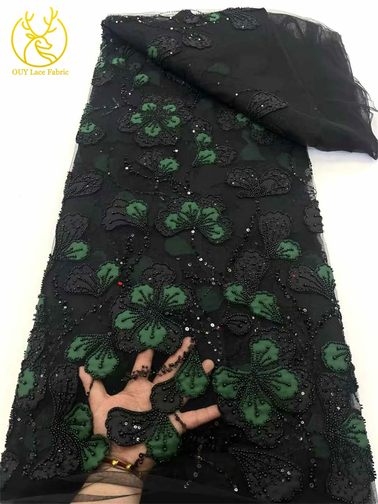 Beautiful African Beaded Sequin Lace Fabric Fashion French Nigerian Tulle Lace Fabric for Women Party Dresses Sewing 5 Yards