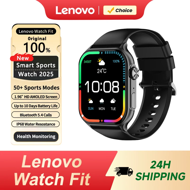 Lenovo 2026 Smart Watch 1.96" HD AMOLED Display Heart Rate Health Monitoring Bluetooth Voice Callings Smartwatch For Android IOS