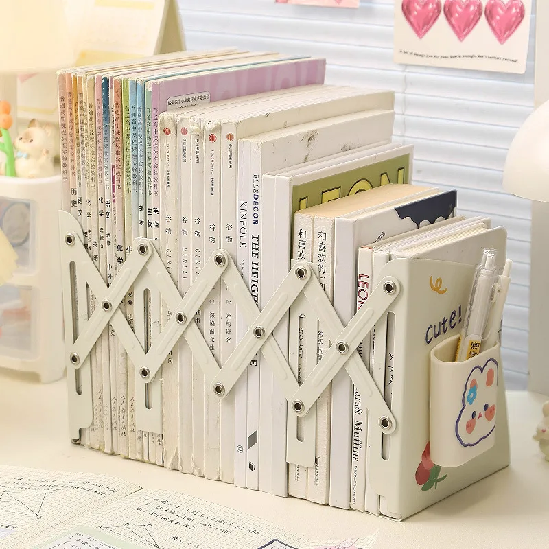 Desktop Bookshelf Iron Thickened Telescopic Book Stand with Pen Holder Bookshelf Student Desktop Fixed Storage Book Stand