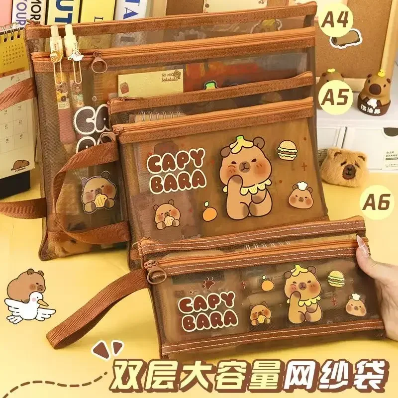 New 3Pcs/Lot Capybara Mesh Pencil Case A4/A5/A6 Portable Stationery File Storage Bag Large-Capacity Nylon Mesh Storage Bag