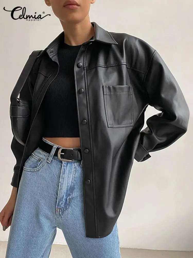 

Womens Leather Jacket Autumn 2023 Thin Bomber Jacket Celmia Vintage Long Sleeve Coats Buttons Lapel Casual Solid Work Outerwear