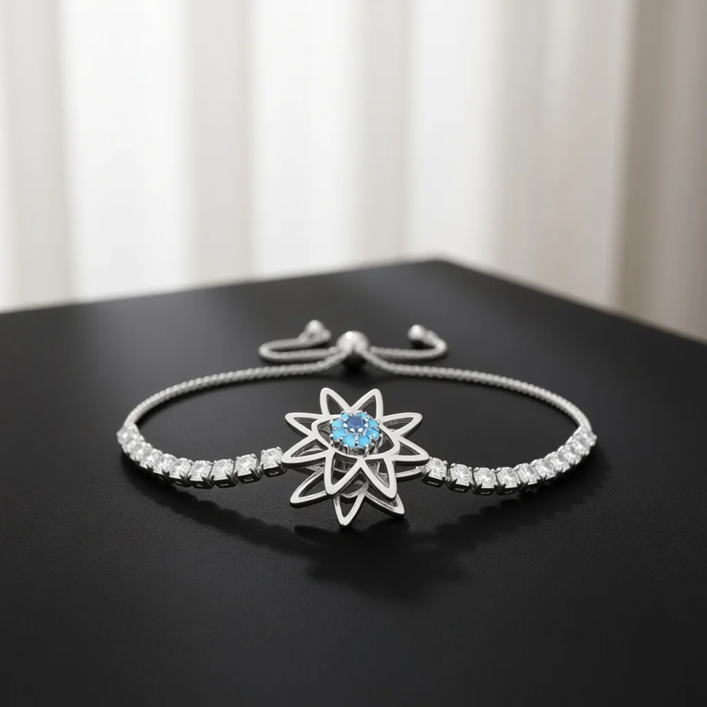 Silver‑Tone Hollow Star Blue Center Zircon Bracelet for Women Adjustable Slider Chain Bold Trendy Glam Statement Fashion Jewelry