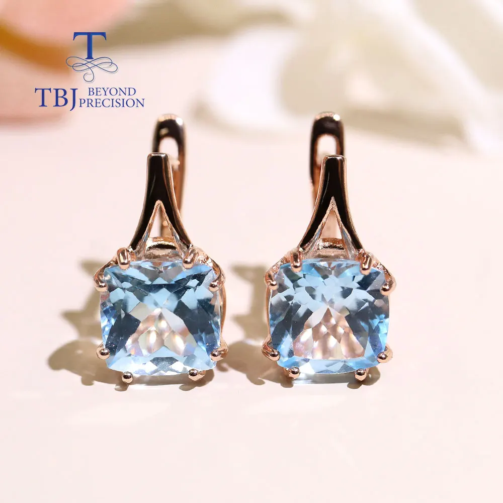 Natural sky blue topaz earring cushion 8mm real gemstone jewelry 925 sterling silver simple design  for women daily wear