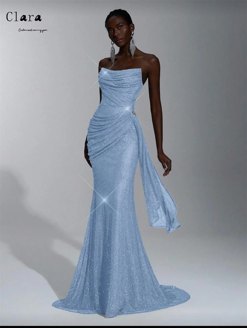 Clara personalizado azul brillante cola de pez fuera del hombro vestido personalizado vestidos 2025 mujer vestido de noche de lujo vestidos para ocasiones a medida graduación