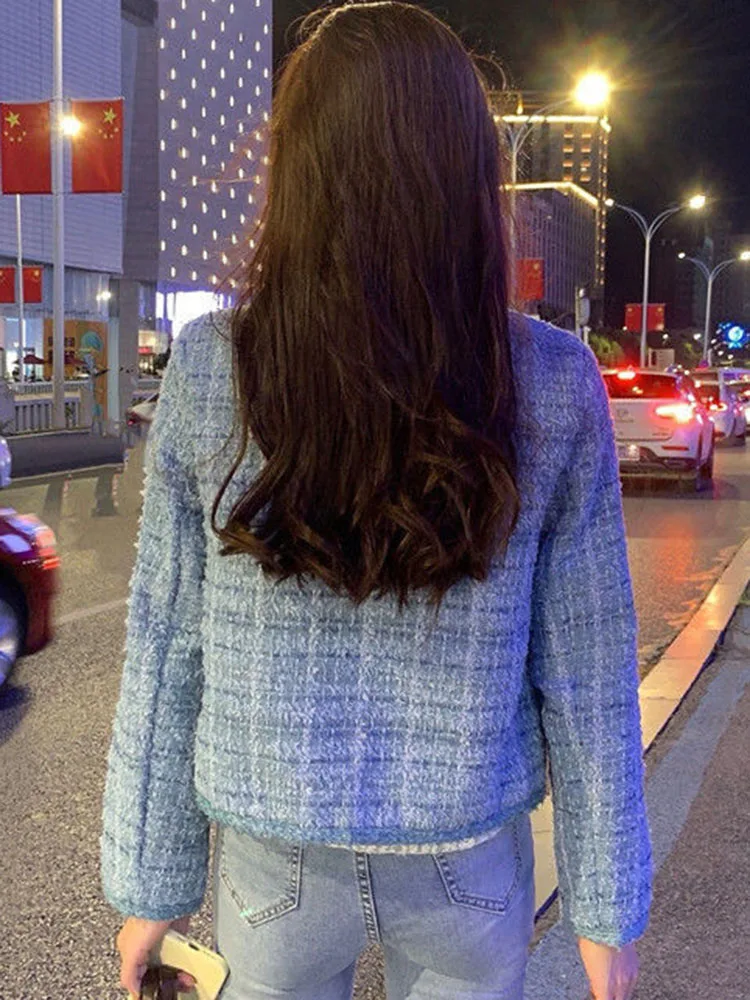 Korean O-neck Tweed Cropped Jackets Tops Women Casual Loose Single Breasted Abrigos Fall Winter Chic Long Sleeve Coats Blusas