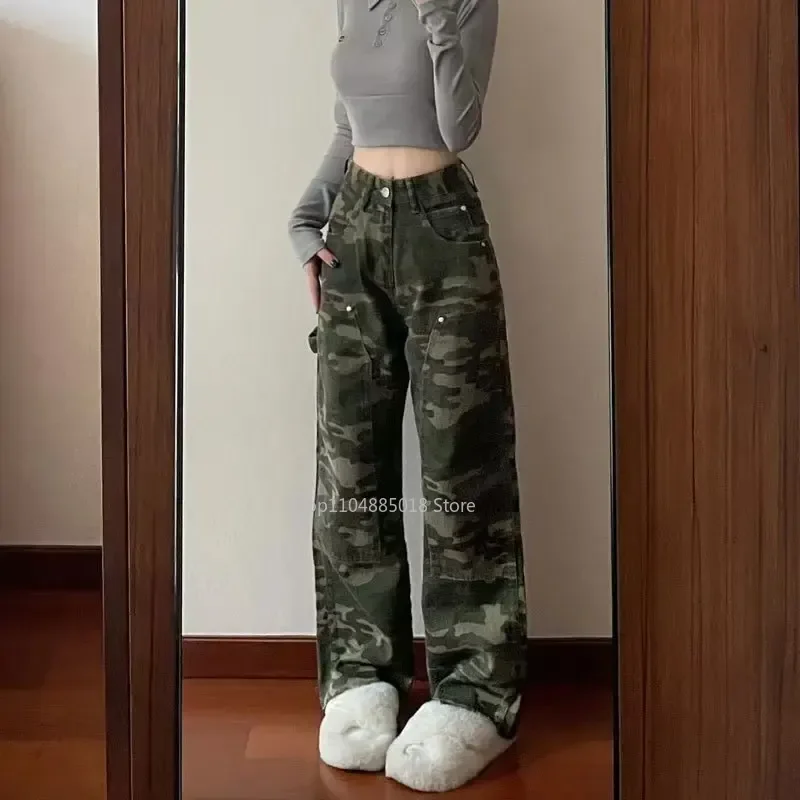 

Hip Hop Street Style American Camouflage Jeans Women's Design Wide Leg Loose Fit Straight Leg Long Pants Autumn/winter Season