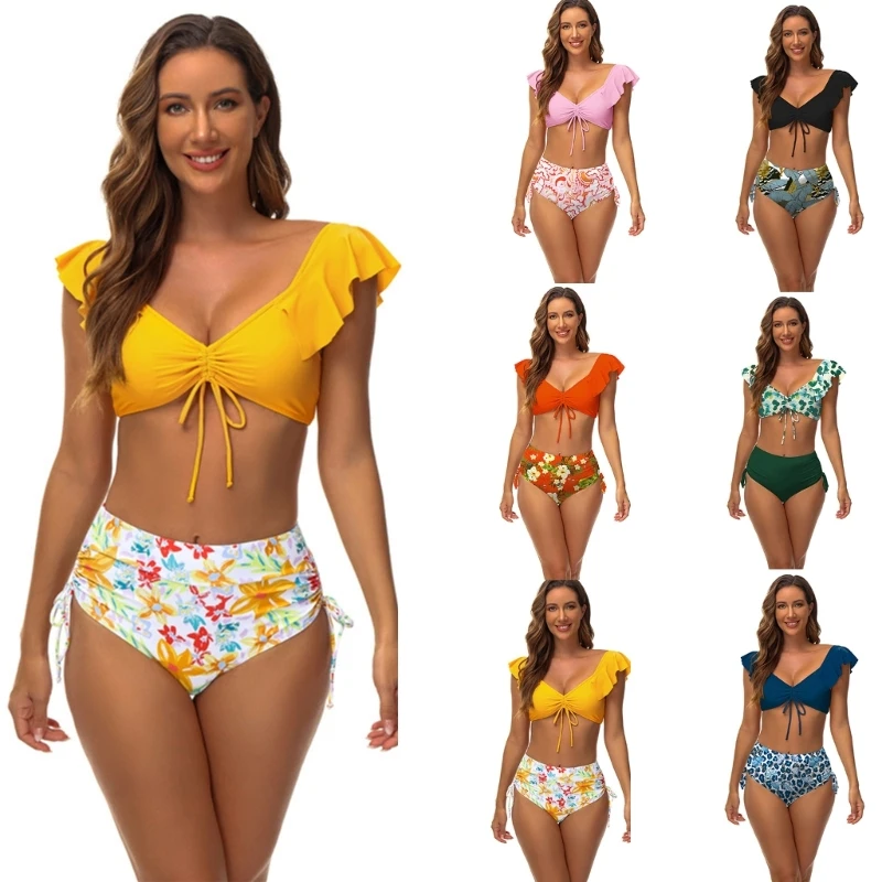 Women Beachwear High Waist Chest Gathered V-Neck Swimming Suits Ruffled Swimwear