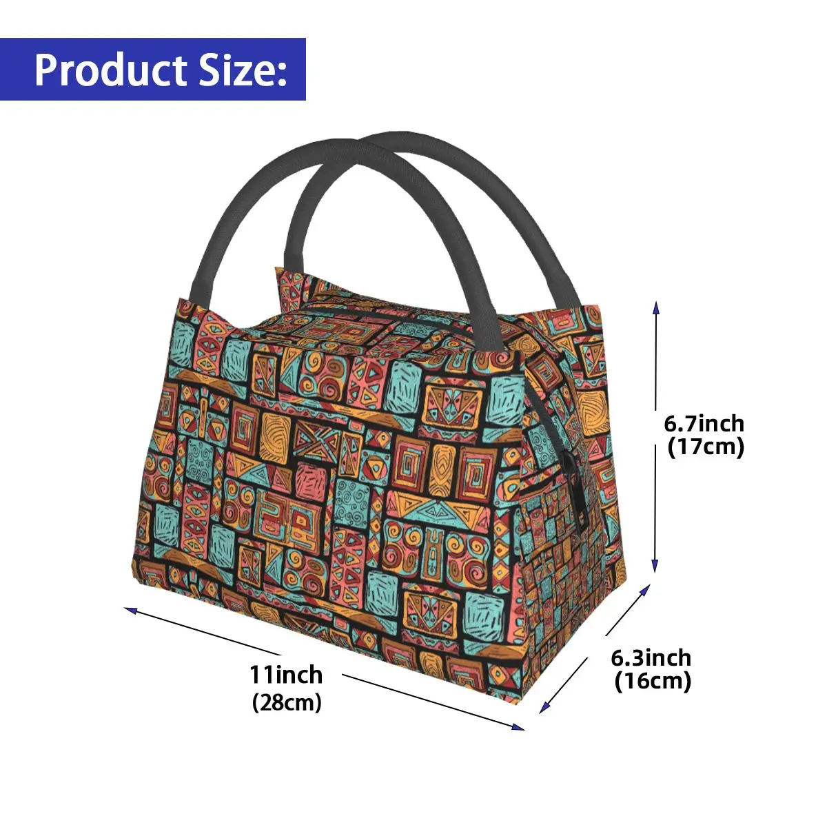 Vintage Ethnic Lunch Bag Patchwork Print Picnic Lunch Box For Men Funny Print Thermal Tote Handbags Waterproof Cooler Bag