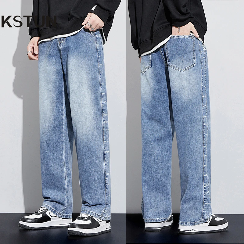 

Wide Leg Jeans Men Baggy Pants Loose Fit Light Blue Streetwear Fashion Side Stripe Casual Denim Pants Men's Trousers Clothing