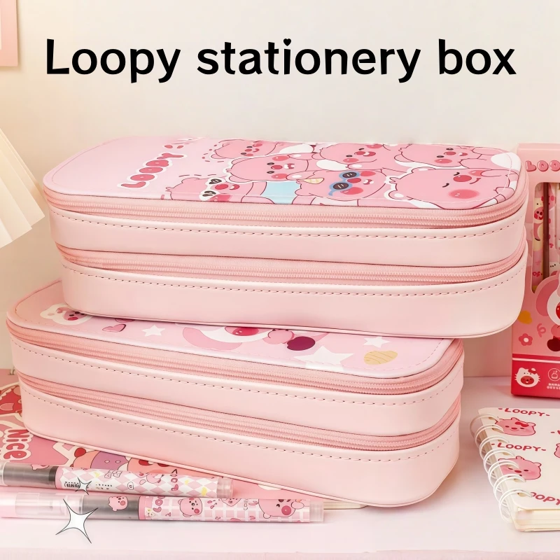 Cute Beaver Loopy double-layer pencil case Pororo cartoon anime large capacity pen bag student stationery storage box gift