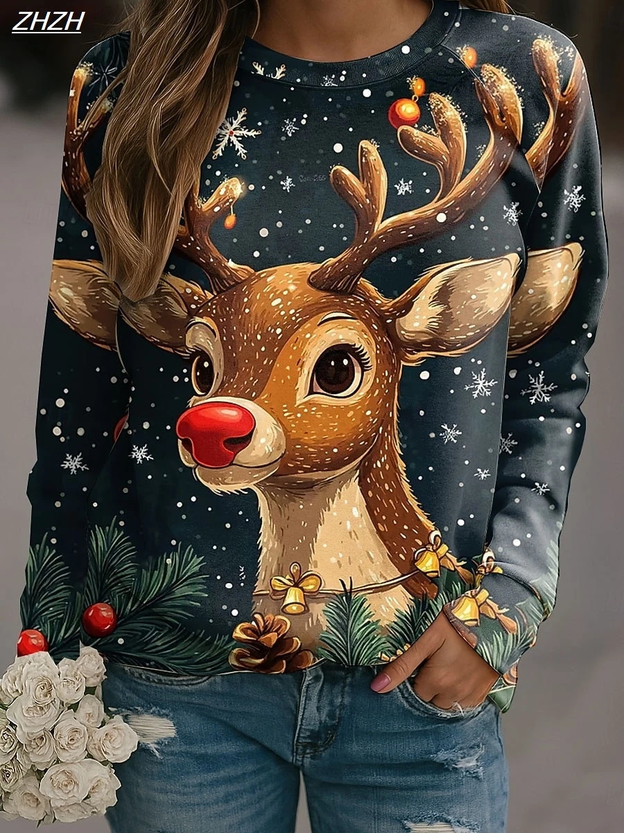 

Женские толстовки с рисунком оленей, рождественские повседневные топы с длинными рукавами и круглым вырезом, обычные топы, повседневные праздничные принты, осень-зима