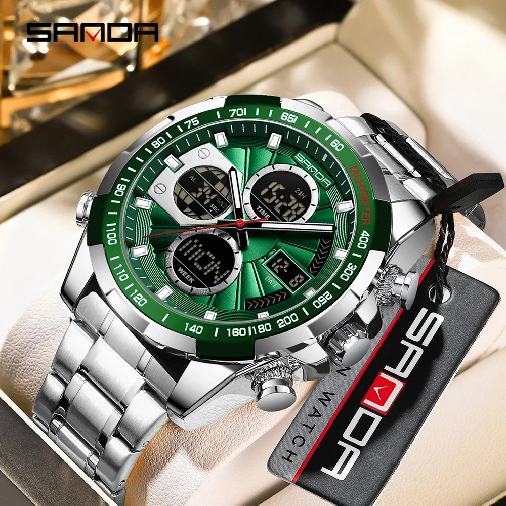 SANDA Men's Quartz Electronic Watch Dual Display Sports Multi functional Waterproof LED Night Light Men's Electronic Watch 5105(
