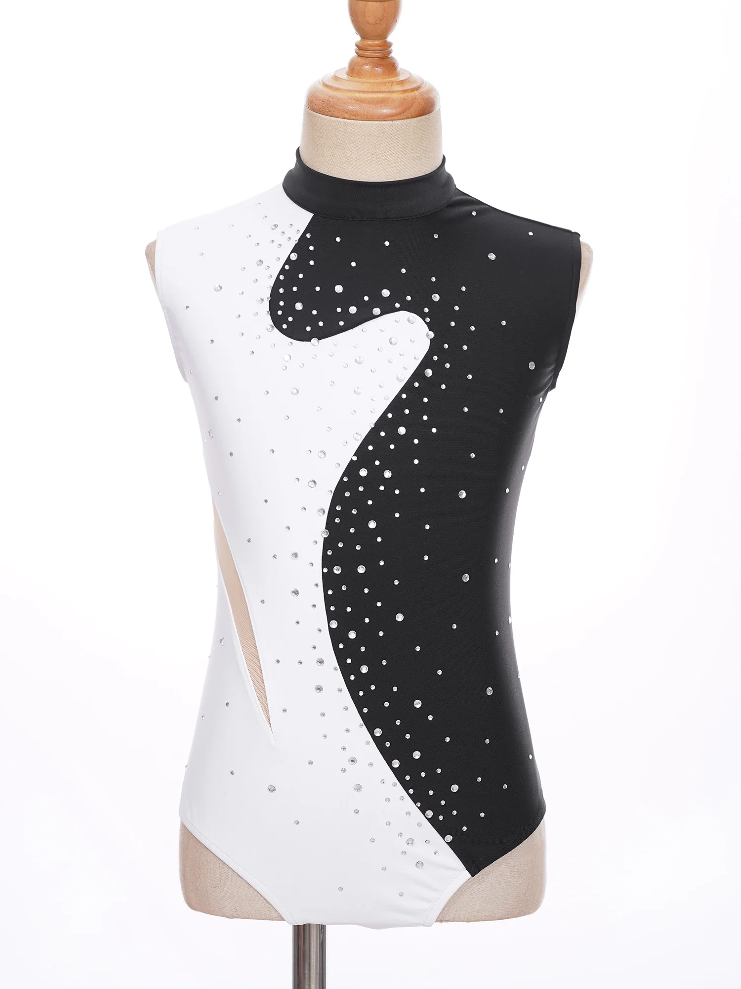 Kids Girls Ballet Dance Gymnastics Leotard Sleeveless Sparkling Rhinestones Color Block Patchwork Bodysuit for Figure Skating