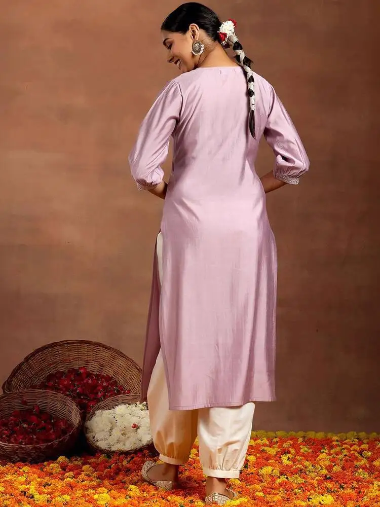 Indian Women's Clothing Unique Round Neck Loose Purple Exotic Style Cotton Blend Embroidered Spring Summer Mid-Length Top