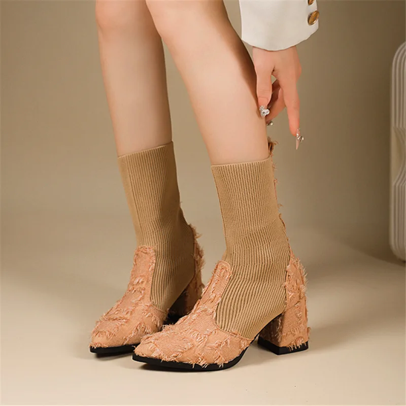 

Большие модные женские ботильоны на толстом каблуке и острым носком, новые высокие каблуки и эластичные рукава на осень-зиму 2023 г.