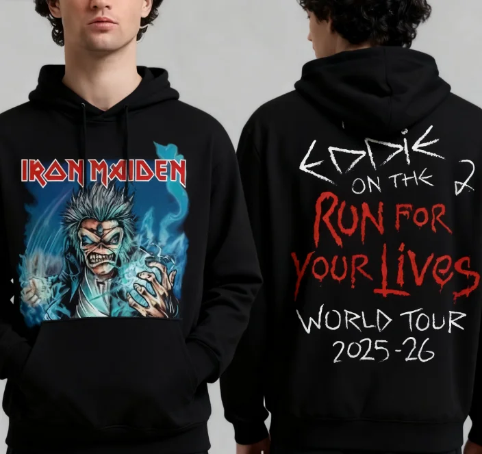 سترة Iron Maiden 2026 Run for Your Lives World Tour للذكور والإناث ذات قلنسوة تذكارية على الوجهين