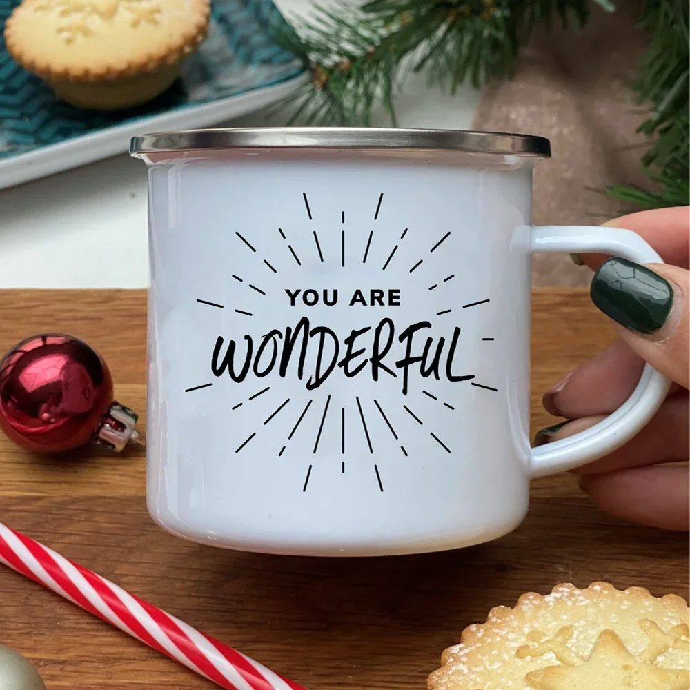 You Are Wonderful Enamel Mugs Motivational Quotes Beer Drink Juice Coffee Dessert Cocoa Milk Handle Mug Festive Birthday Gifts