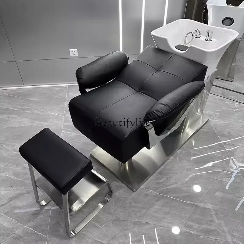 

Barber Shop Ceramic Basin Half Lying Shampoo Chair Stainless Steel High-End Hair Salon Flushing Bed