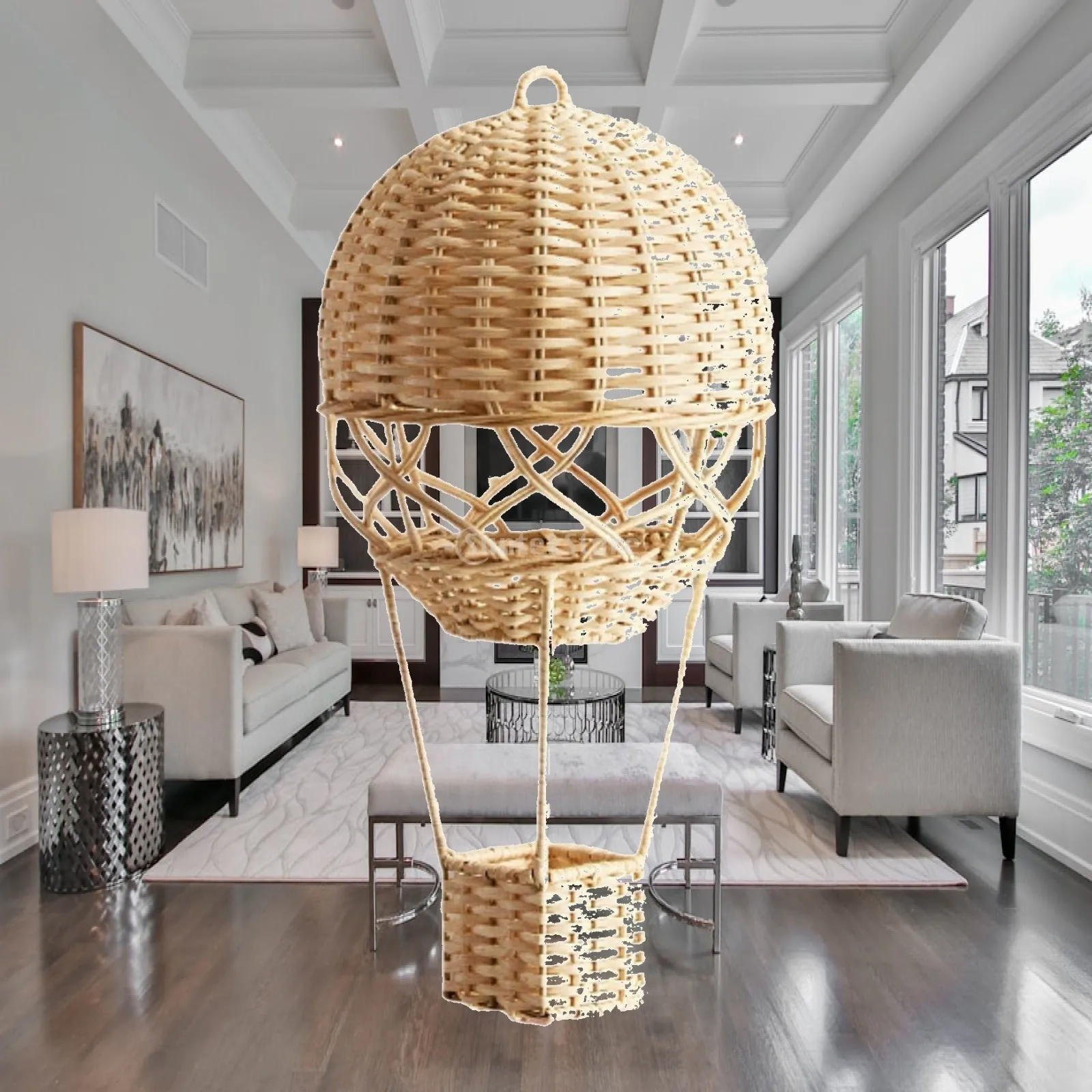 Woven Bamboo Hot Air Balloon Hanging Charm for Kids Nursery Boho Wall Window Accent