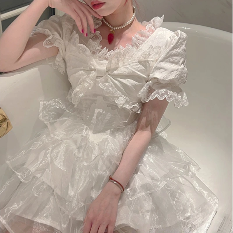 Sumemr 2022 White Lolita Dress Women Kawai Japan Sweet Cute Lace Bow Mesh Princess Party Mini Dress Female Elegant Fairy Dresses