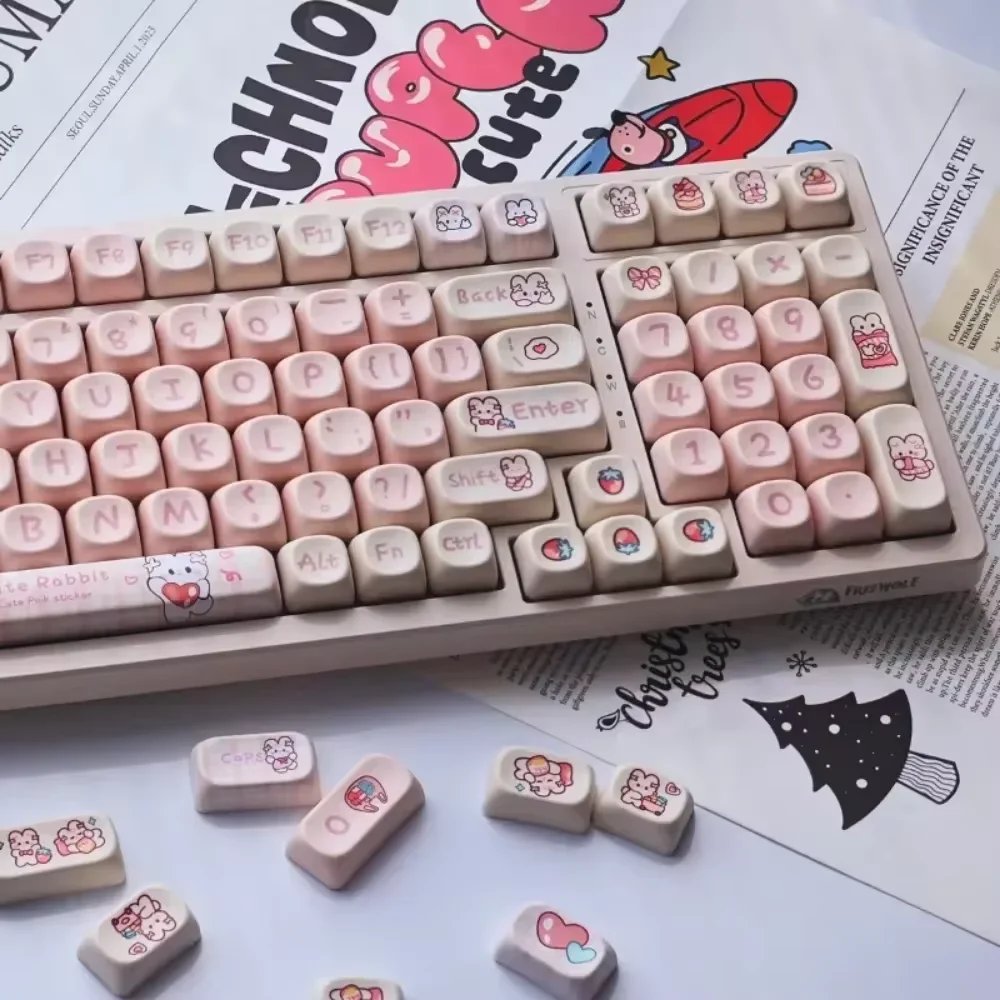 Pink Bunny Mechanical Keyboard MOA Keycap Set PBT 140 Keys Cute Cartoon Girl Teenage Keycaps