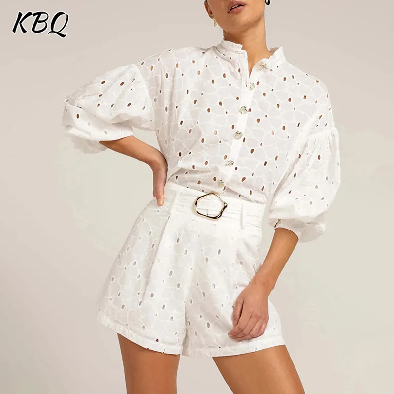 

KBQ Solid Hollow Out Two Piece Set For Women Stand Collar Three Quarter Sleeve Top High Waist Shorts Chic Sets Female Fashion