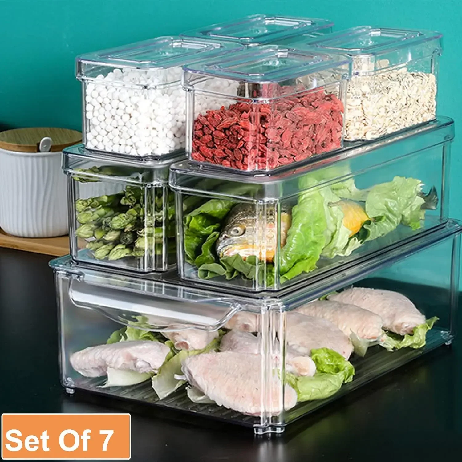 7pcs/set Refrigerator Organization Boxes Kitchen Storage Organizer Set with Lids for Food Drinks Vegetable Fridge Stackable Bins