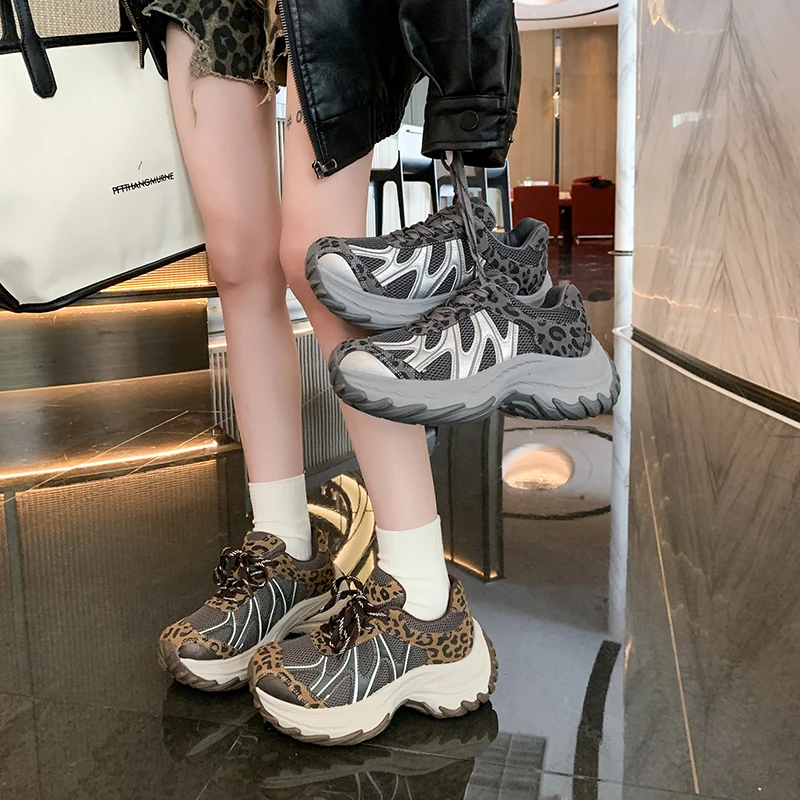 Women Leopard Print Chunky Platform Sneakers Mesh Panel Lace Up Rubber Sole Stable Heel Soft Insole Y2K Vintage Casual Footwear