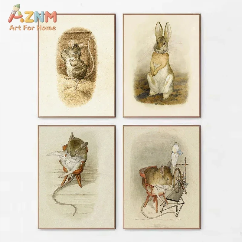 AZNM Vintage Beatrix Potter Rabbit Mouse Canvas Wall Art, Antique Sketch Animal Print, Unframed Canvas Painting for Nursery Kids