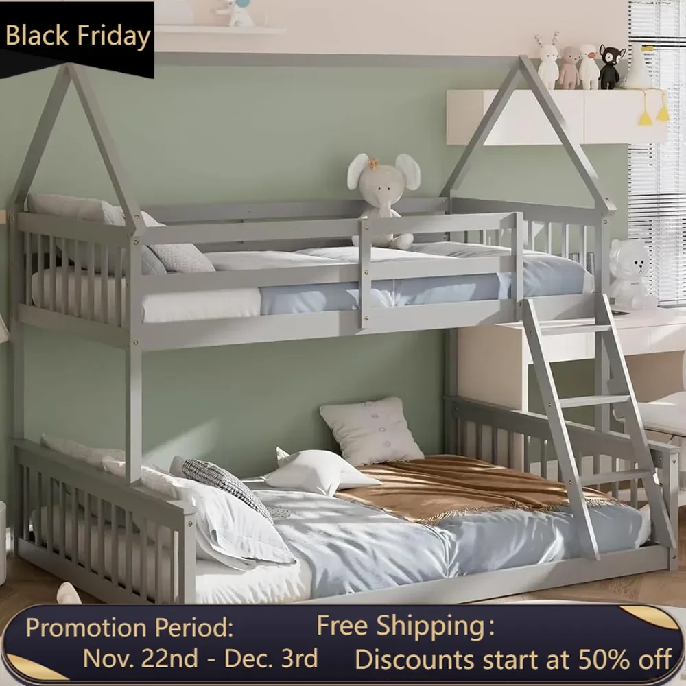 Wood Twin Over Full Bunk Bed, Solid Wood House Bed Frame Built in Ladder & Safety Guardrails, Convertible to 2 Beds, Floor Bunk