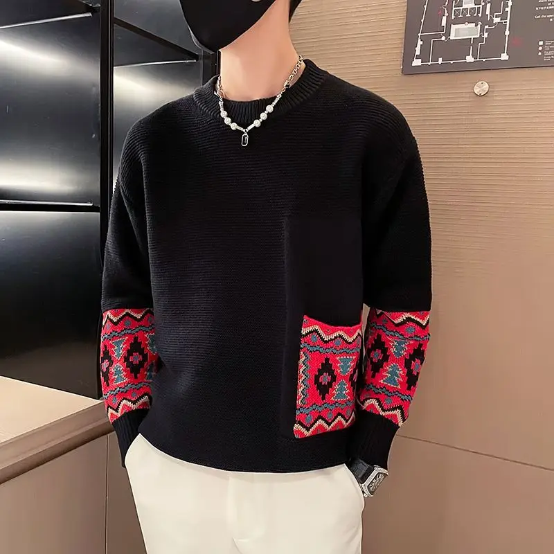 Boyfriend Sweaters Knitted Long Sleeve Round Neck Geometric Contrast Color Wave Cut Pullover Men's Fashion Autumn Winter Tops