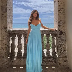 Strapless Pleated Women's Prom Skirt Backless High Waist Party Gown Elegant Blue Sleeveless Long Evening Dress Newest In Stock