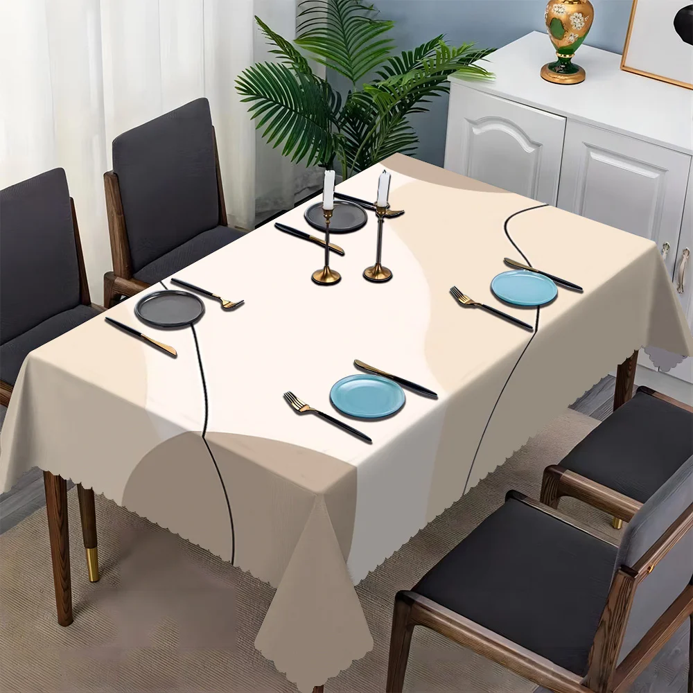 Minimalist Beige Gradient Tablecloth, Abstract Wave Print with Scalloped Edge, Stain Resistant for Dining Room & Modern Decor
