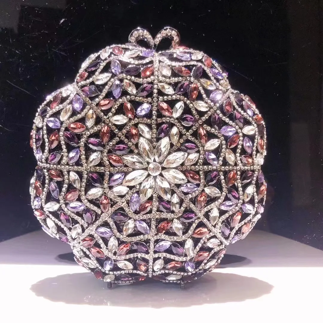 Hollow Out Round Flower Rhinestone Women Evening Clutches Luxury Crystal Wedding Party Purse Lady Diamond Bridal Dinner Handbags