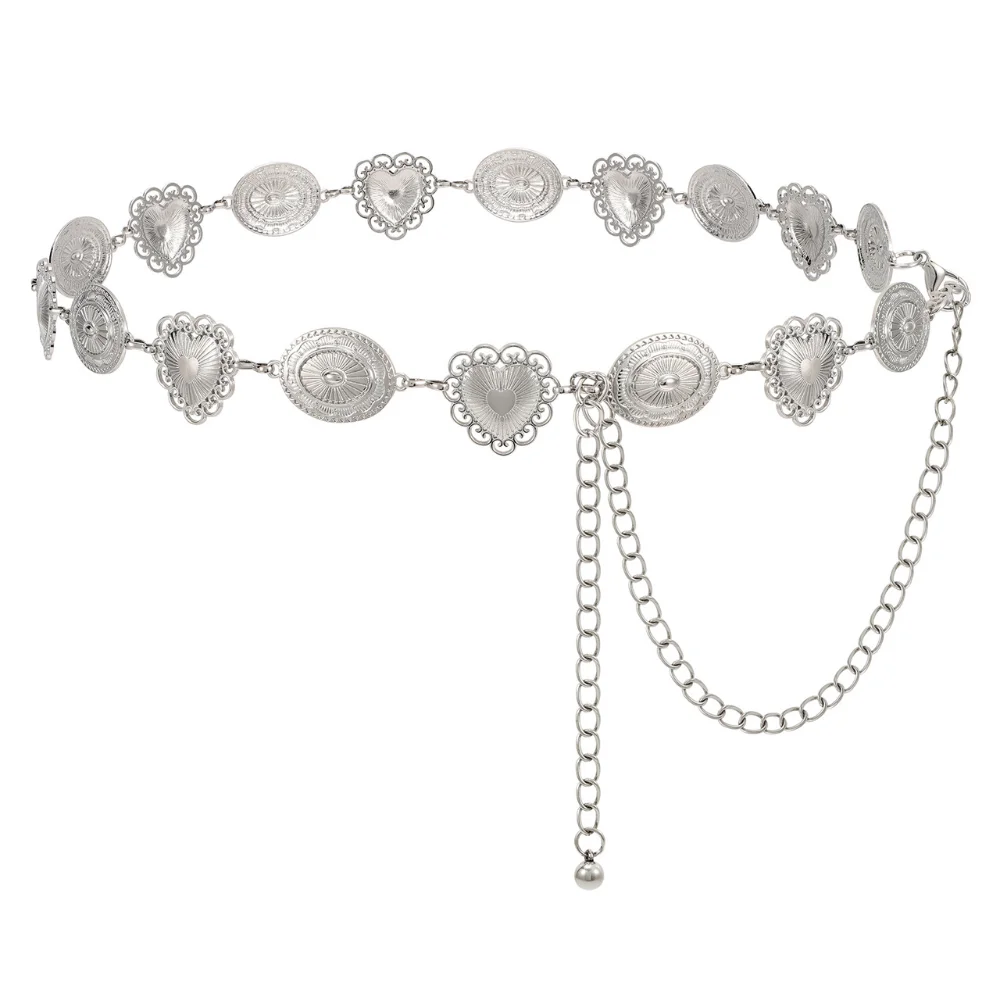 

Boho Layered Metal Waist Chain Belt for Women, Vintage Heart & Sun Engraved Body Chain for Dresses Jeans