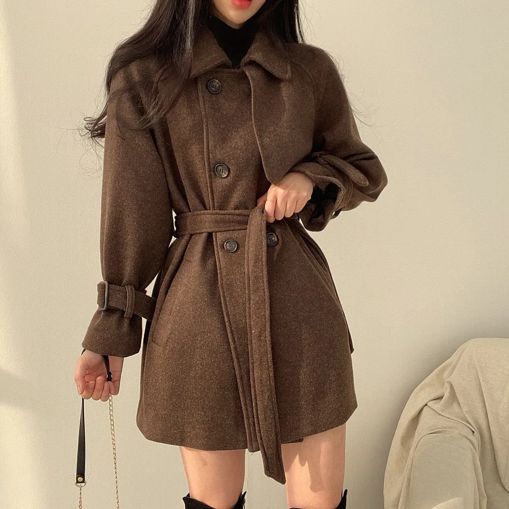 

2025 Autumn and Winter New Style Lapel Tie Retro Trench Coat Woolen Coat Women's Mid To Long Jacket