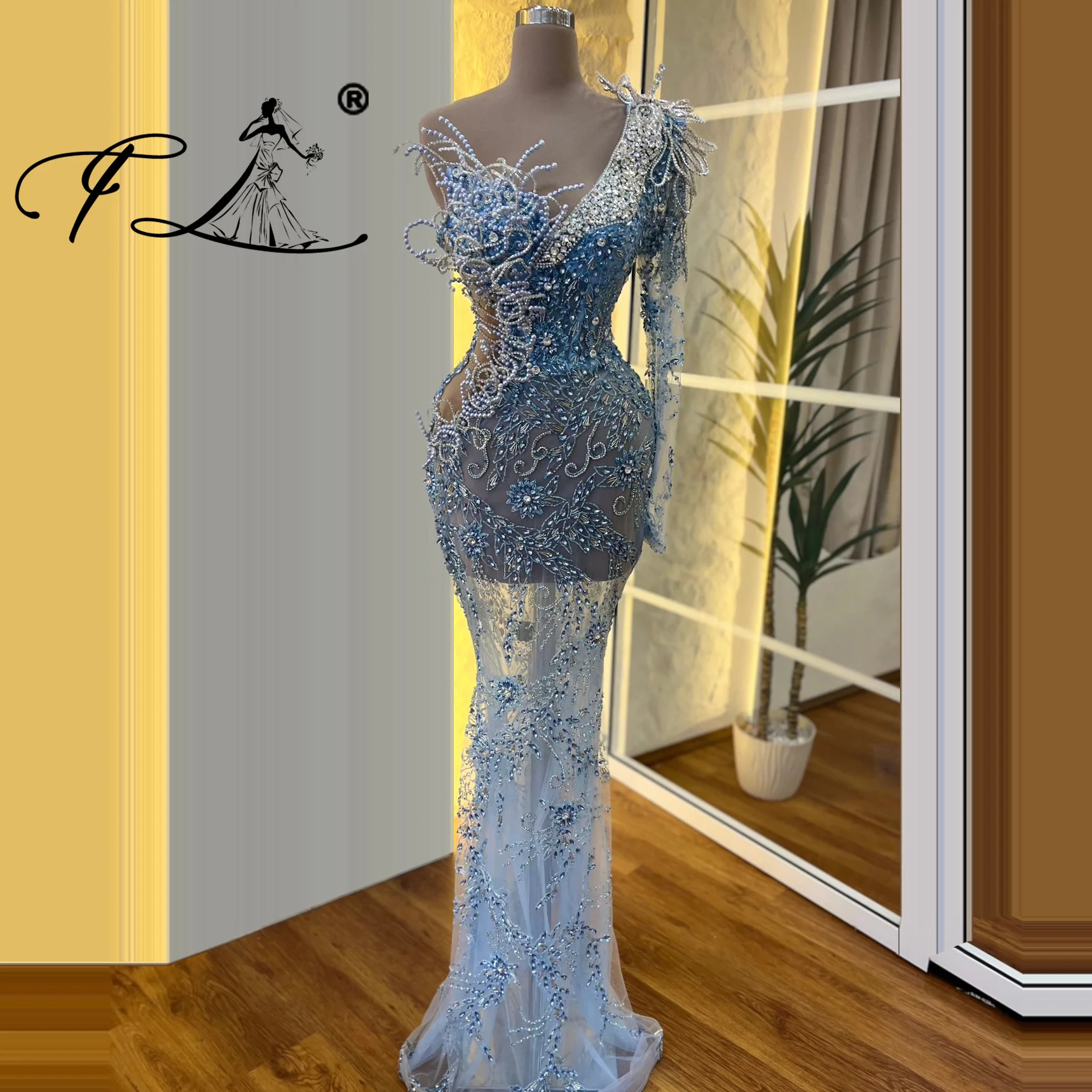 Sexy One Shoulder Mermaid Evening Dresses with Pearl Stone Customized Dresses for Special Occasions Celebrity Dresses