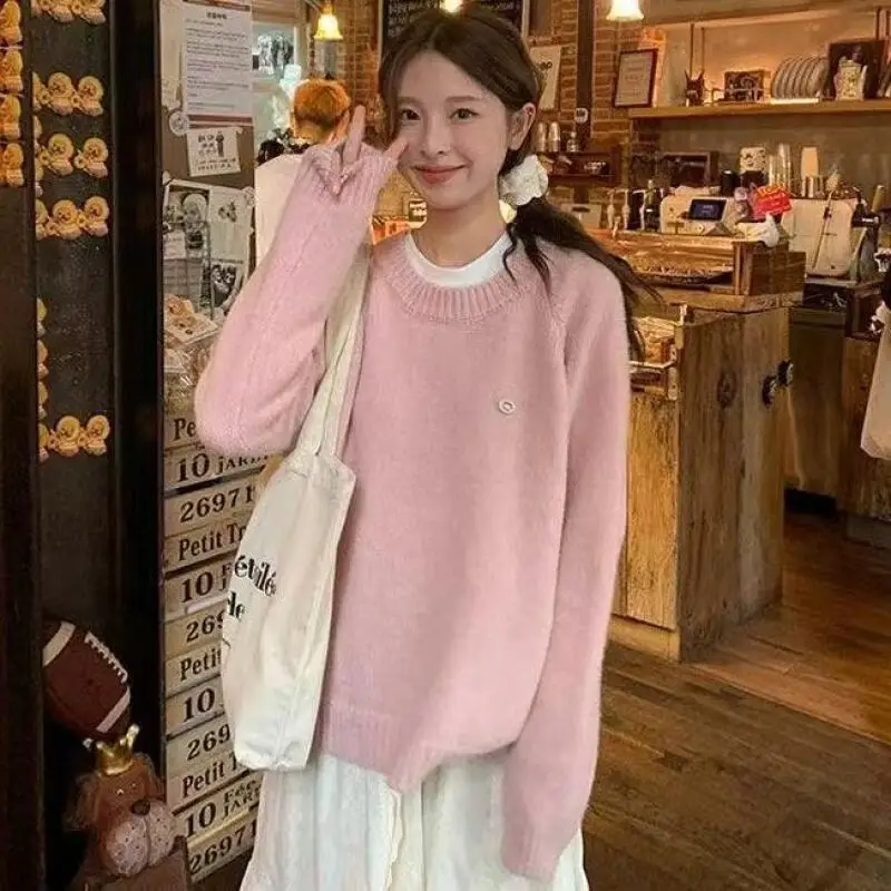 

Women's Solid Color Sweater Winter Lazy Jumper Keep Warm Tops New Loose Soft and Sticky Student Pullover Versatile Knitwear