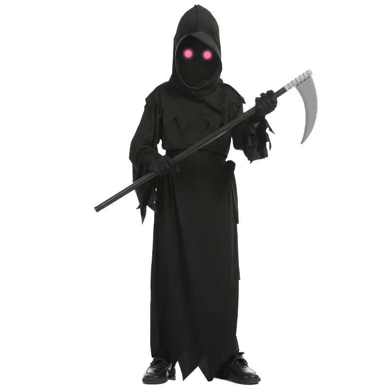 Halloween Cosplay Costume Grim Reaper effrayant squelette Costume enfants brillant yeux rouges Grim Reaper fantôme Robe envoyer des accessoires de faux