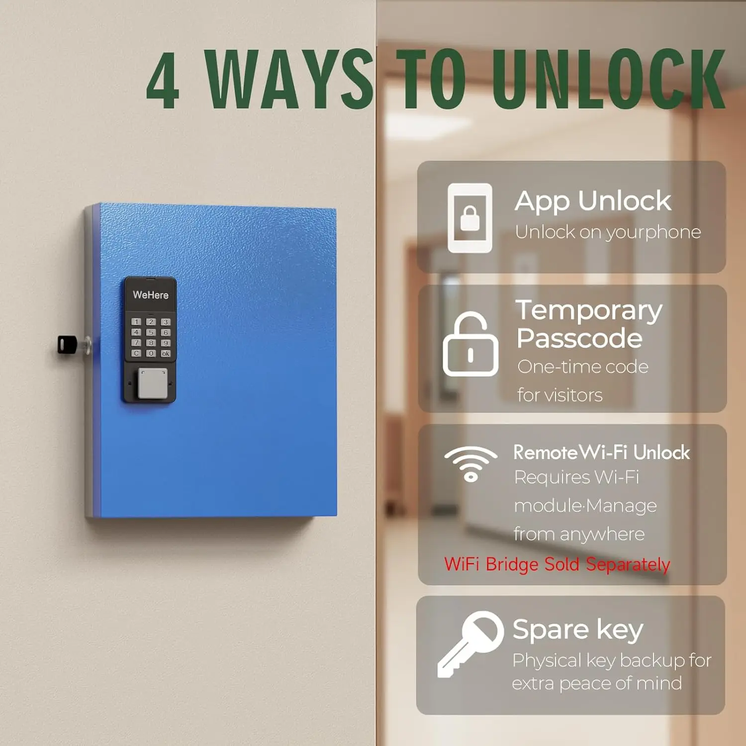 WeHere 32 Key Lock Box, Intelligent Wall Mounted Key Storage Cabinet,OTP/APP Bluetooth/fixed Code Unlocking Key Management Safe