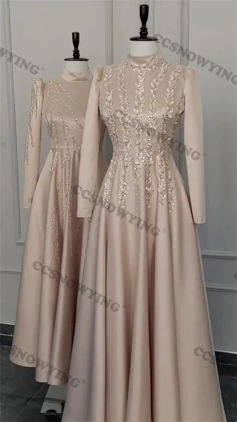 

Appliquies Beaded Hijab Muslim Evening Dress Satin Long Sleeve Islamic Women Formal Party Gowns Arabic Dubai Moroccan Caftan