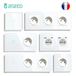 BSEED 1/2/3Gang Touch Switches 1Way Wall Light Switch With French Sockets USB Type-c Interfaces Glass Panel Blue Backlight