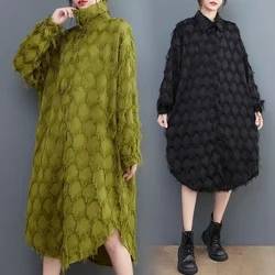 #3308 Black Green Fringe Dress Women Long Sleeve Loose Asymmetrical Shirt Dress Button Front A-line Midi Dress Ladies Thin Sexy
